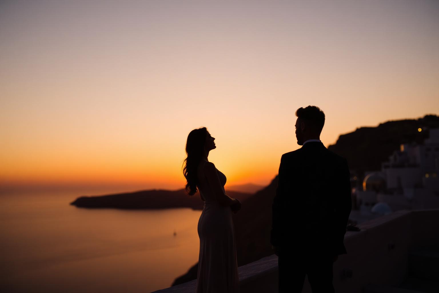 Paar bei Sonnenuntergang über der Caldera von Santorin