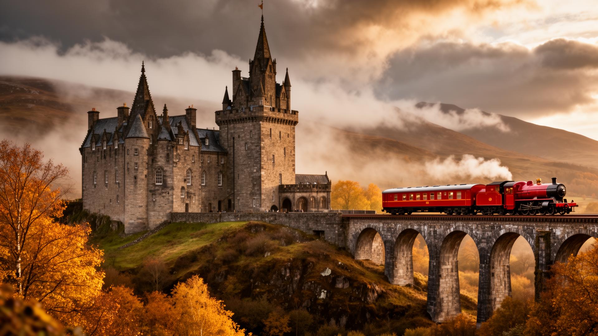 Historisches Schloss mit Dampfzug auf Viadukt in schottischer Landschaft